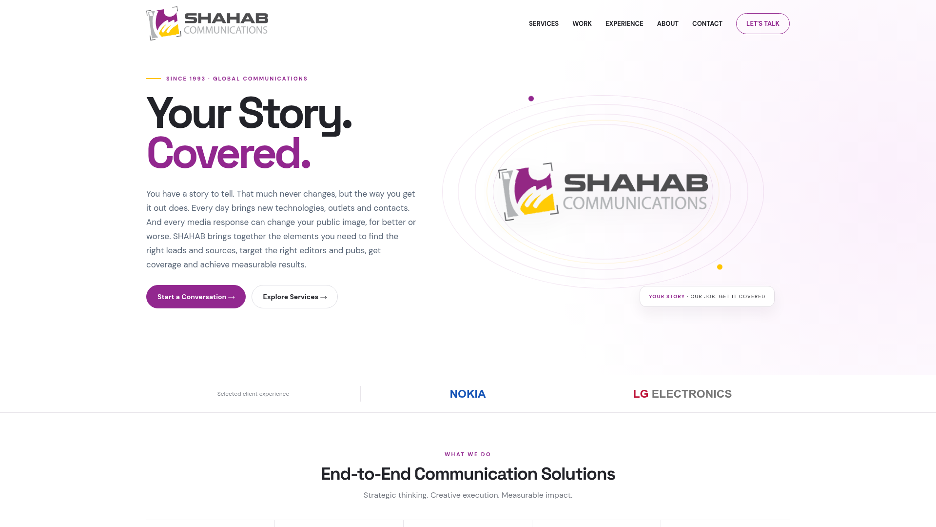 SHAHAB Communications homepage showing its purple and yellow brand identity